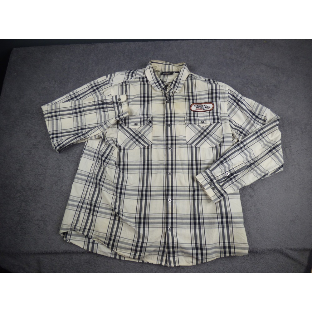 Harley-Davidson Racing Mens Plaid Button Down Shirt Cream Black Long Sleeve 2XL